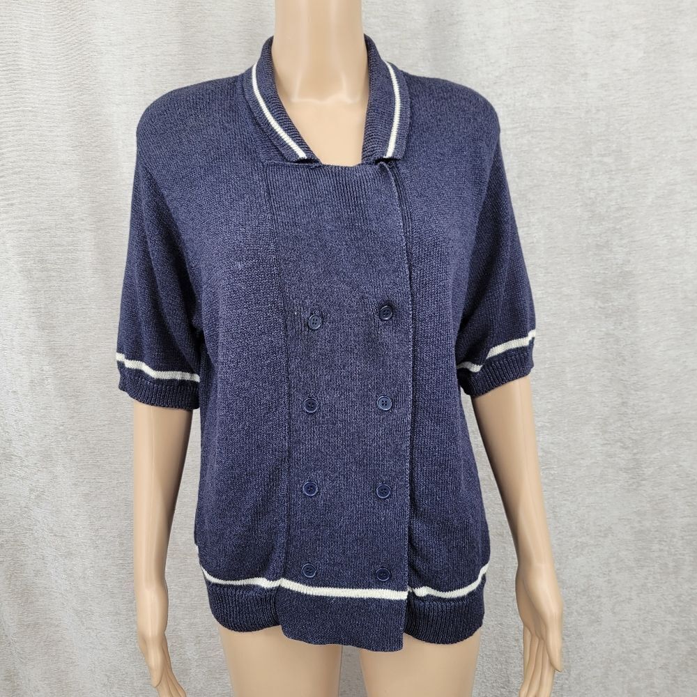 Lucia Navy Blue Double Breasted Short Sleeve Knit Cardigan Coastal Grandma